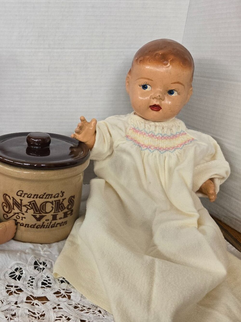 vintage antique 1920-1940s composite baby doll & smocked infant flannel gown